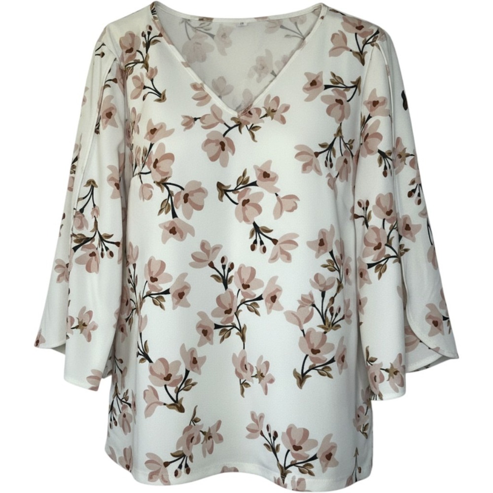 Ann Taylor Factory Floral V-Neck Blouse XL White Pink Tulip Split Sleeve Top